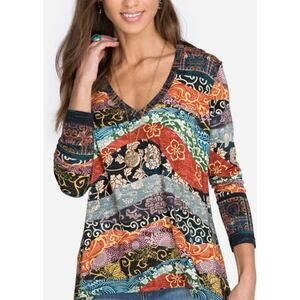 Johnny Was Yokohama Favorite Long Sleeve V Neck Tee Womens XS Exotic Print